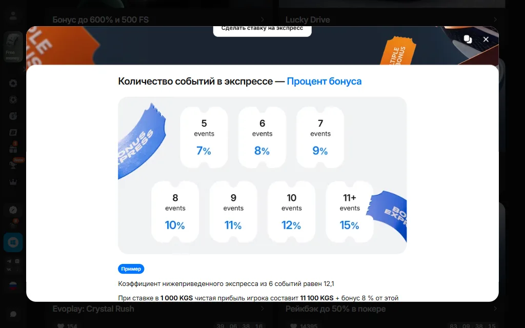 Окно акции «Бонус на экспресс» на сайте 1win: семь карточек с числом событий и процентом бонуса, под ними начало примера расчёта