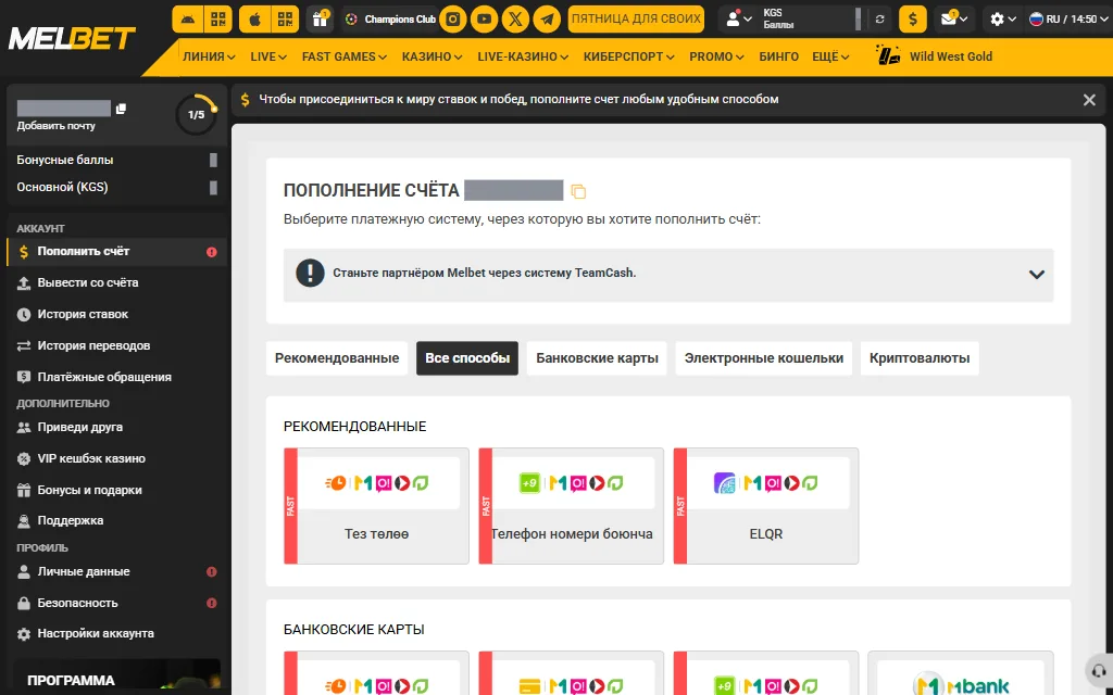 Касса Melbet, пополнение: группы способов оплаты и плитки местных банков; номер счёта и баланс закрыты заливкой