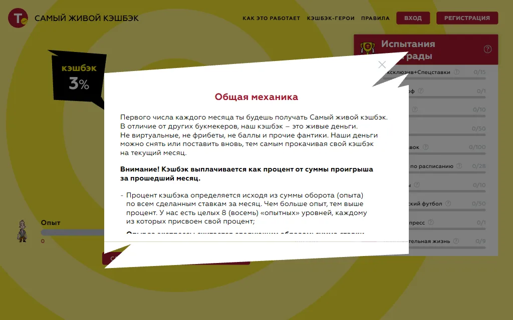 Кэшбэк барагындагы «Общая механика» терезеси орус тилинде: кэшбэк акчалай төлөнөрү, өткөн айдагы утулуштун пайызы катары эсептелери жана тажрыйбанын сегиз деңгээли жөнүндө текст